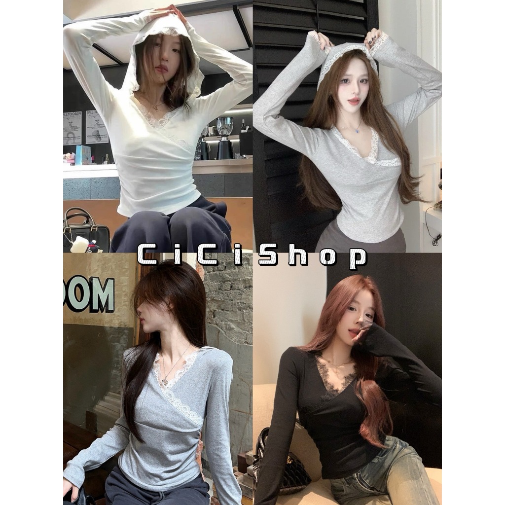 Cicishop (J1507) เสื้อแขนยาว มีฮู้ดคอวี แต่งขอบลูกไม้ ผ้าเรยอน จั้มเอว สไตล์พสจีน