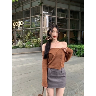 Cicishop (T2530) เสื้อไหมพรมผ้าถัก ปาดไหล่ขอบพับ กระดุมใช้งานได้จริง
