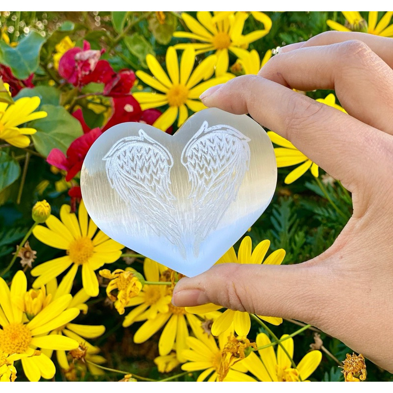 1 PC Selenite Crystal Heart with Angel Wings, Natural Selenite, Cleansing Crystal, Heart Shaped Crys