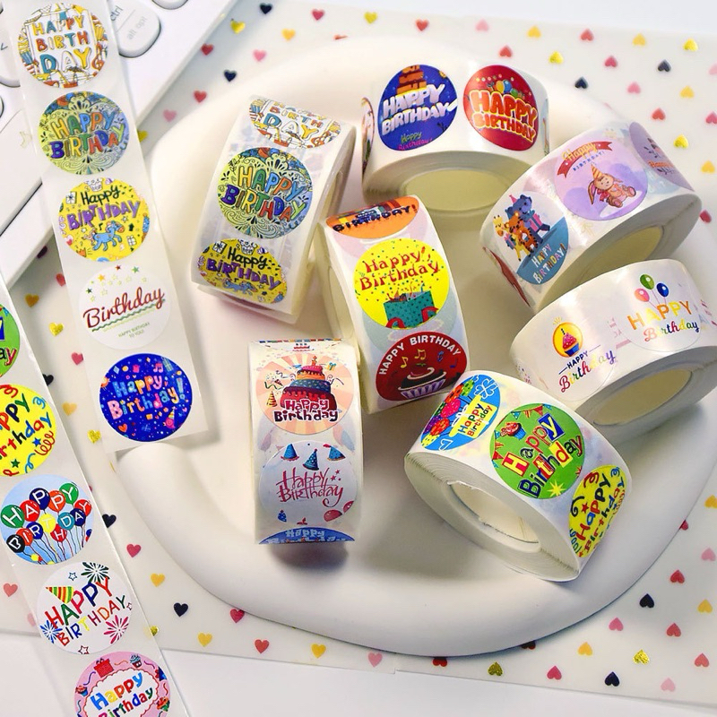 สติ๊กเกอร์Happy Birthday 500ดวง/ชิ้น เส้นผ่าศูนย์กลาง2.5cm(พร้อมส่ง)