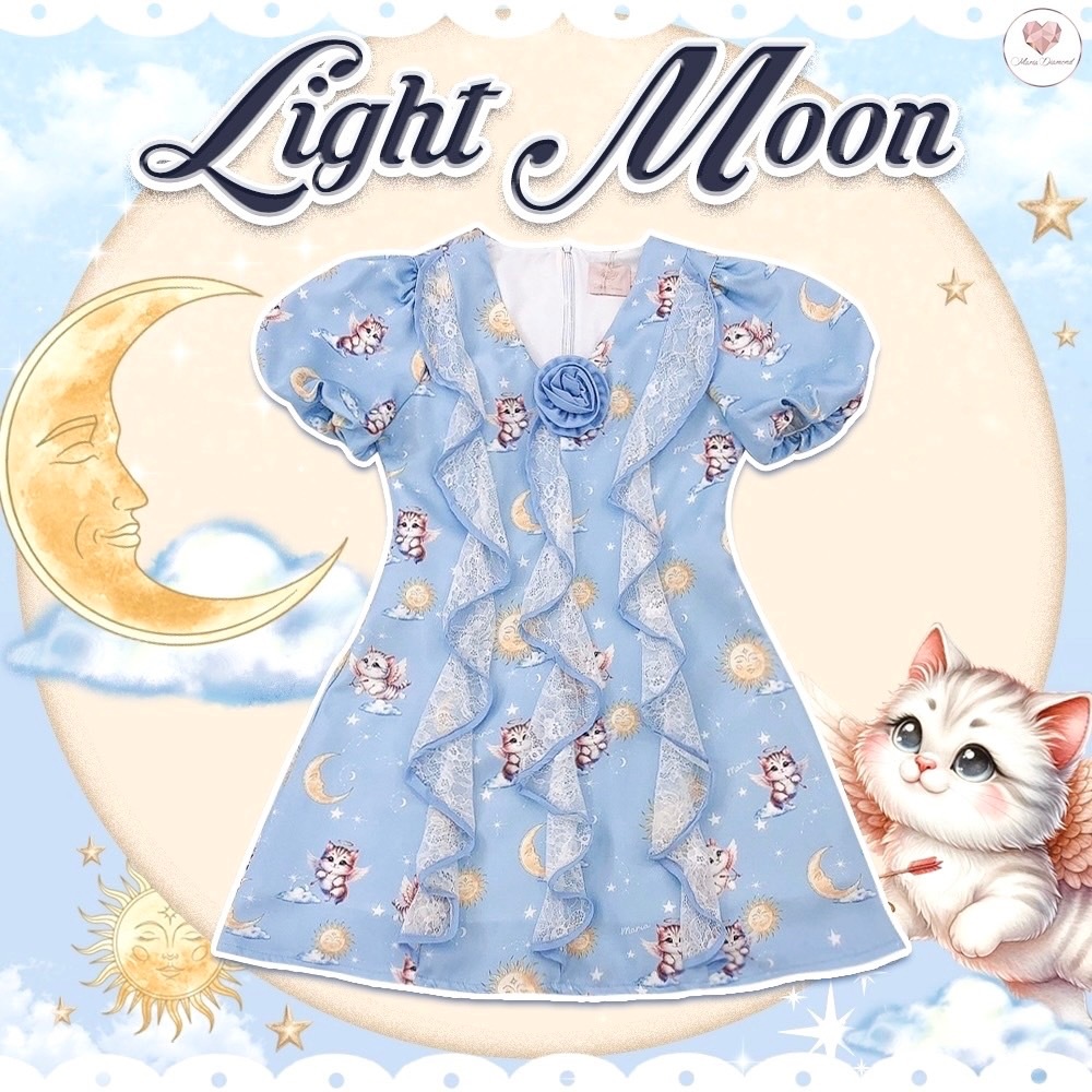 (มี 3XL) Light Moon Dress เดรสสั้นผ้าไหมญี่ปุ่นพิมพ์ลายแต่งระบายผ้าลูกไม้ตรงกลาง + เข็มกลัดดอกไม้ ซิปหลัง มีซับใน