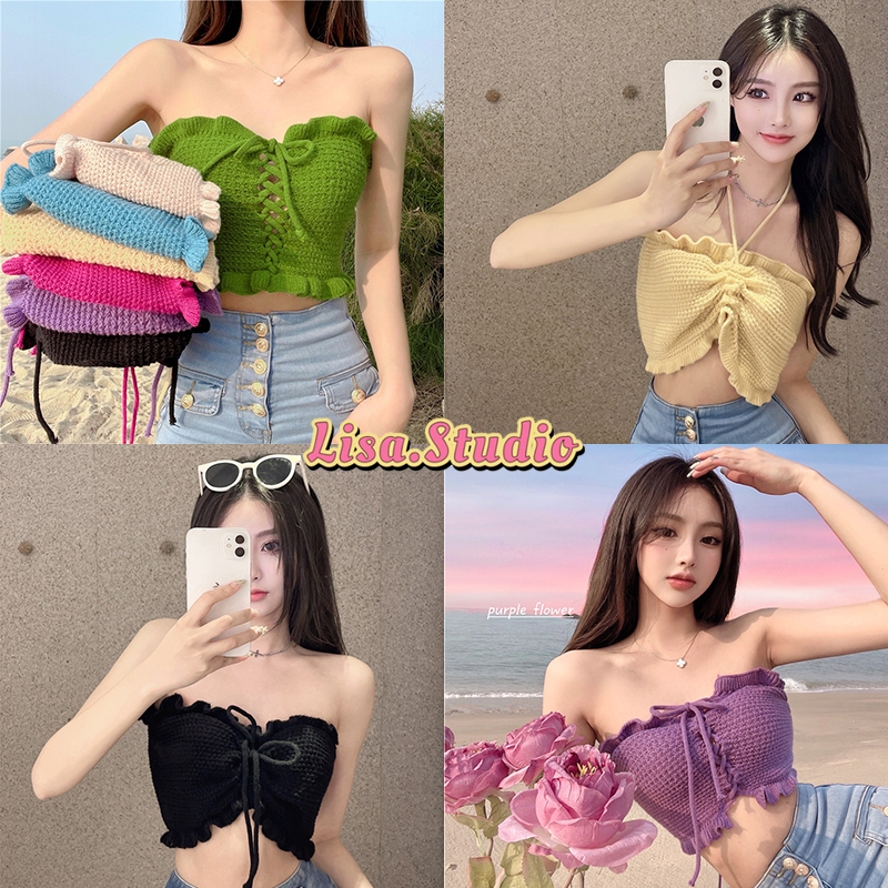 Lisaพร้อมส่ง เสื้อเกาะอกไหมพรมknitting กิมมิคทอลาย ใส่ได้2ด้านทรงแซ่บเก๋มากๆ สำหรับผู้หญิง
