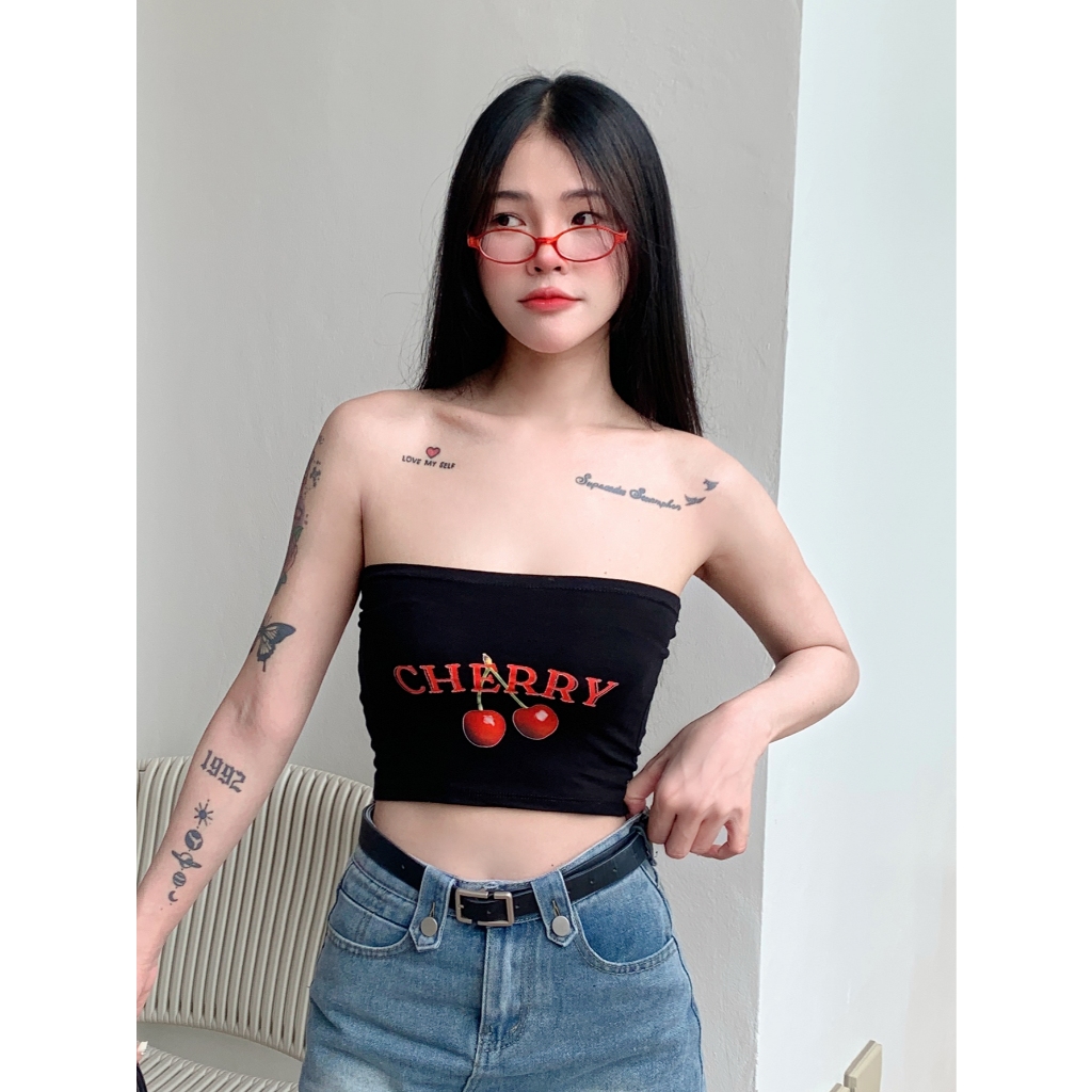 Pimry เกาะอกสกรีนลาย Cherry ผ้าเรย่อน ยืดได้เยอะมาก รุ่น เกาะอกสกรีนCHERRY