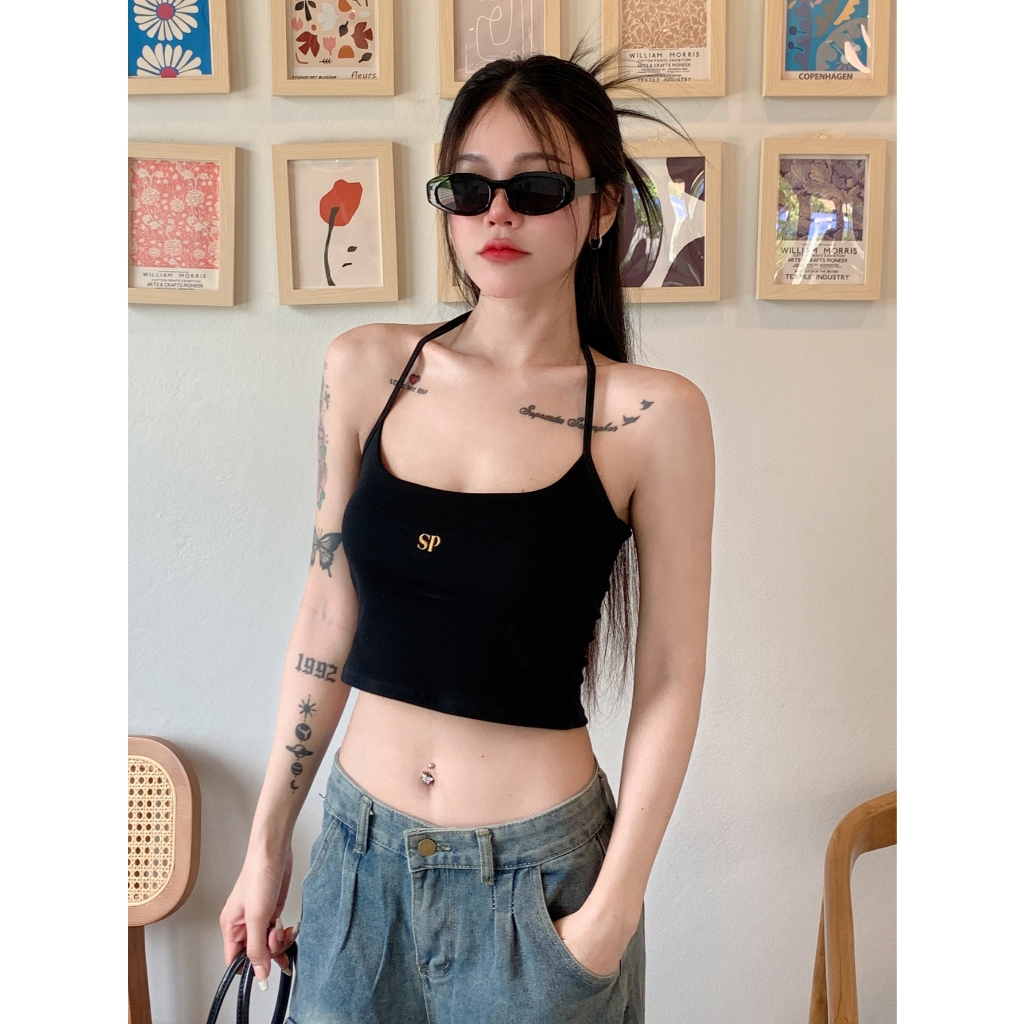 Pimry เสื้อครอปคล้องคอ สายเดี่ยว ปักโลโก้ร้านแน่นๆ รุ่น คล้องคอปักSP