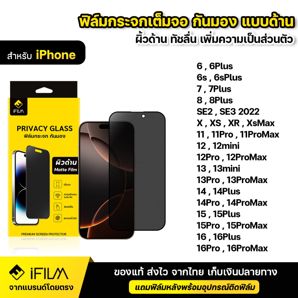 iFILM ฟิล์มกระจก กันมอง ด้าน For iPhone 16 Pro Max 16Plus 15 Plus 14 13 12 mini 11 Xr Xs Se 8 ฟิล์ม ไอโฟน ฟิล์มกันเสือก