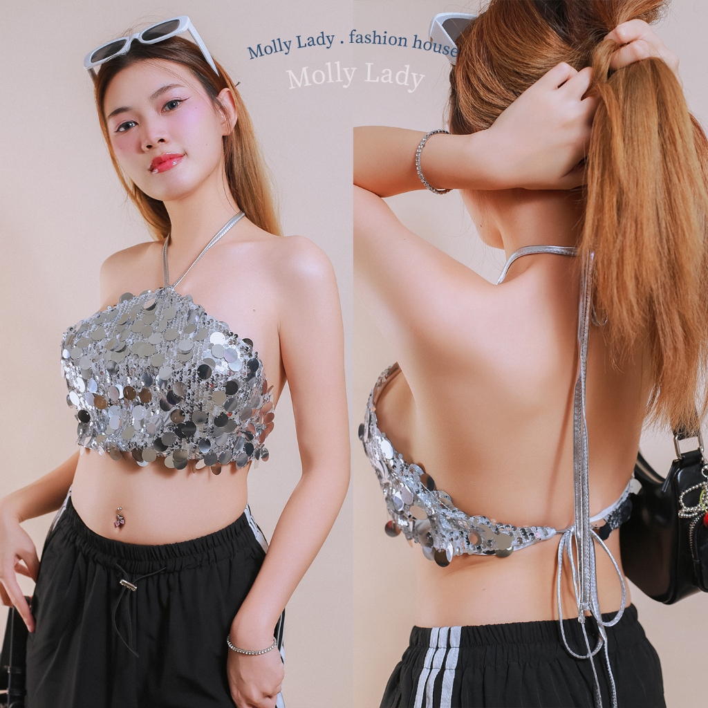 ❤️Molly Lady❤️ เสื้อครอปเกาะอกผูกคอปักเลื่อมเงิน เปิดหลัง สายแบบผูกสีเงินมีซับด้านใน/Silver crop top