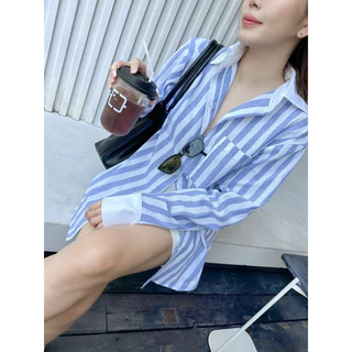 BLUE STRIPED SHIRT เสื้อเชิ้ตลายทางผู้หญิง Oversize แขนยาวเกาหลี เสื้อคลุมผู้หญิง ใส่เที่ยวใส่ทำงาน เนื้อดี ทรงสวย