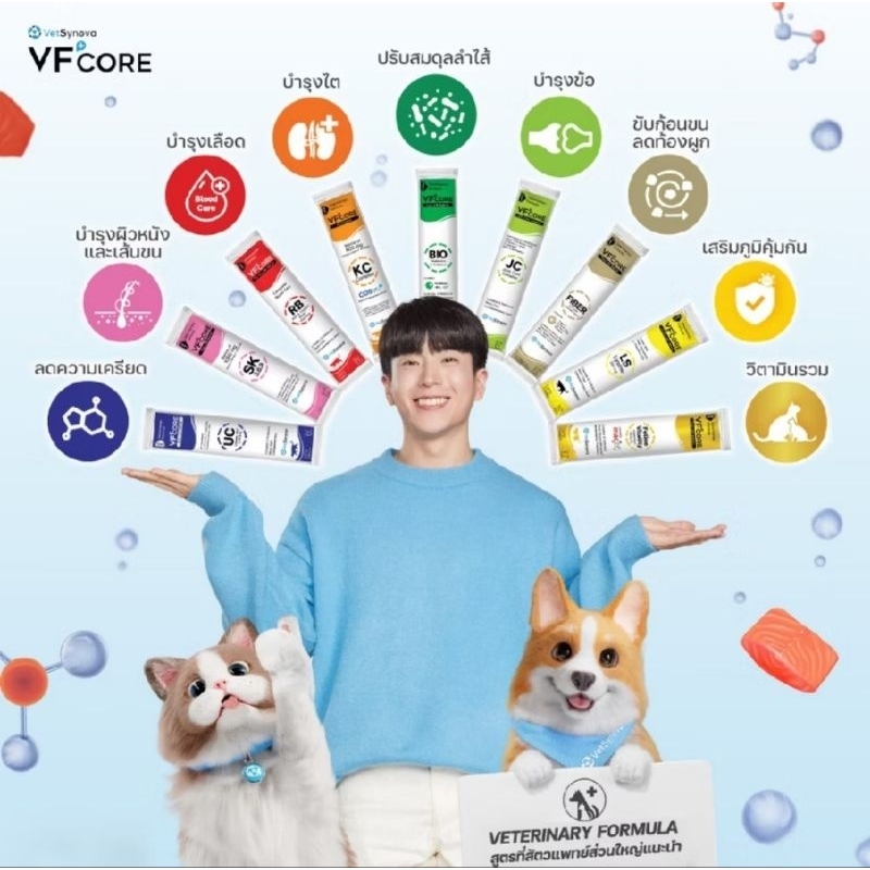 Vfcoreวิตามินแมวแบบเลีย ช่วยเสริมภูมิคุ้มกัน แบ่งขายเป็นซอง 15 กรัม.