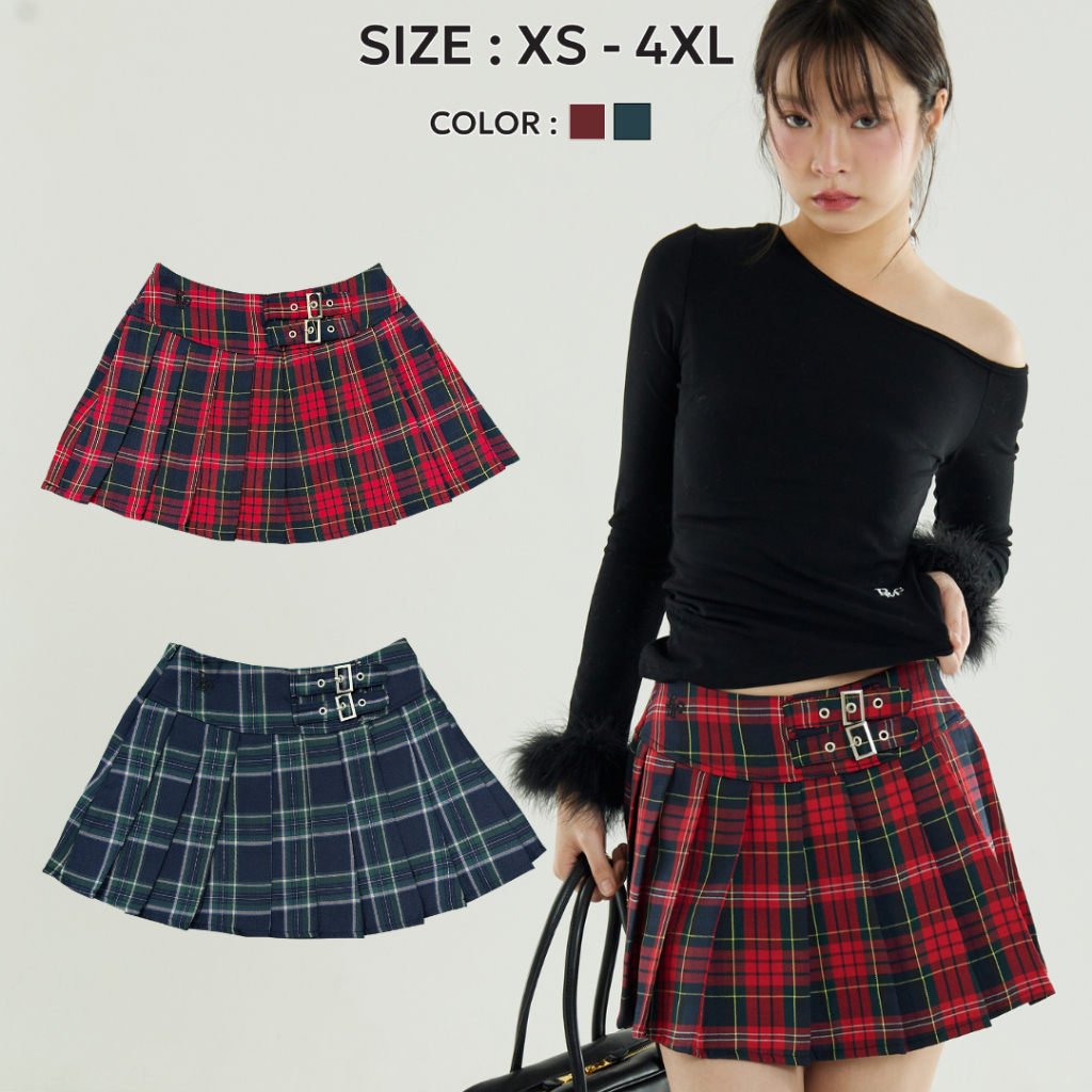 Bemingskirt028(XS-4XL) - Hailay Miniskirt กระโปรงพลีทสั้น ลายสก็อต ผ้าไม่บาง ทรงสวย