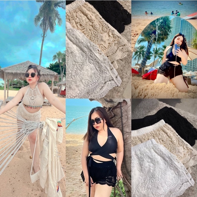 100KG Plus size | กางเกงขาสั้นลูกไม้สาวอวบ มีซับในยืดถึงเอว44**เฉพาะกางเกง** D27(กก.มะเฟือง)