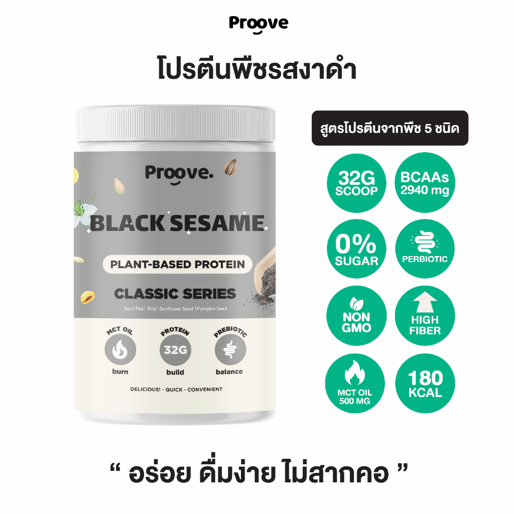 Proove โปรตีนพืช  ช่วยเผาผลาญ อร่อย ดื่มง่าย รสงาดำ โปรตีนสูง ไม่มีน้ำตาล แคลต่ำ