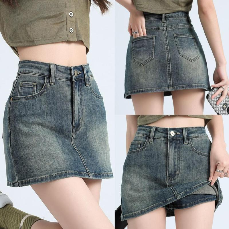 2411# กระโปรงยีนส์สั้นมีซับในกางเกงยีนส์ เอวสูง สีแต่งเฟด กระโปรง Y2K