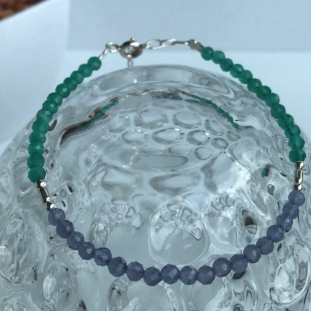 1 pc blue onyx + green onyx beads bracelet 925 silver 🩵❤️🤍