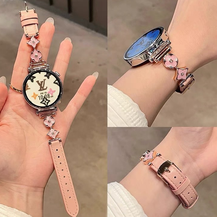 พร้อมส่ง สาย 20mm สายหนัง PU ประดับดอกไม้ LV แบบเข็มขัด ใช้ได้กับ Samsung Active 2 3 4 5 Huawei GT2 GT3 42mm Amazfit GTS