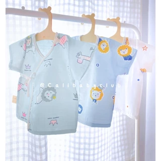 Cali เสื้อเด็กอ่อน​ ผ้ามัสลินทอตาราง แขนสั้นผูกหน้า 0-3 เดือน *แพ็ค 3 ตัว *ป้าย Cali baby