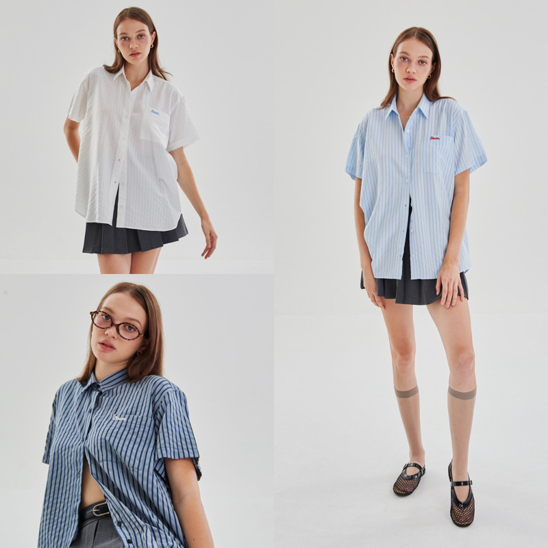 Theremin Boum shirts เสื้อเชิ๊ตทรงหลวมแขนสั้น (white, blue, navy)