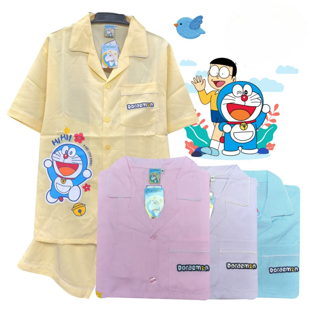 ชุดนอนแขนสั้น-ขาสั้น (SizeF-อก42นิ้ว) ลายโดเรม่อน (Doraemon) ชุดนอนลิขสิทธิ์แท้ งานเนื้อผ้าชิโนริ No.5538