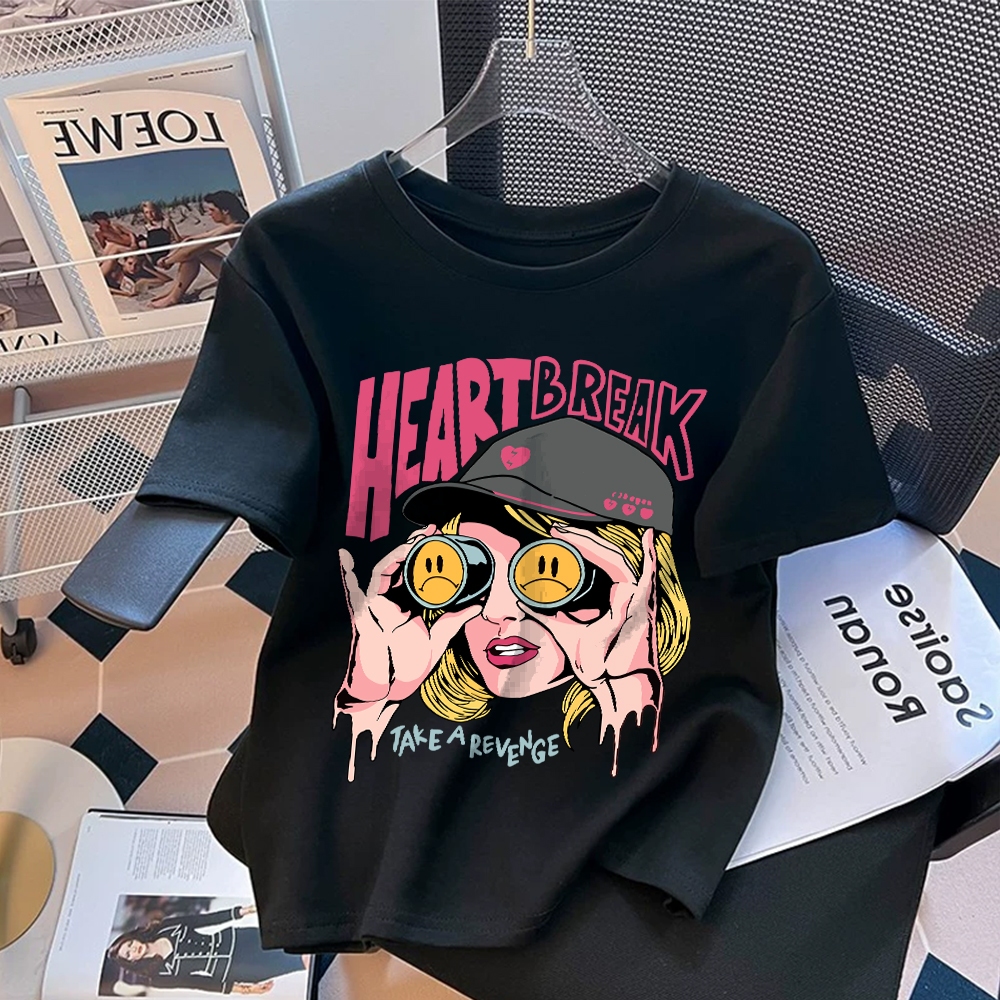 เสื้อยืด ของเด็ก สาวการ์ตูนหัว เสื้อคอกลม แขนสั้น แฟชั่น เสื้อผ้าเด็กผู้หญิง สไตล์เกาหลี ทรงหลวม
