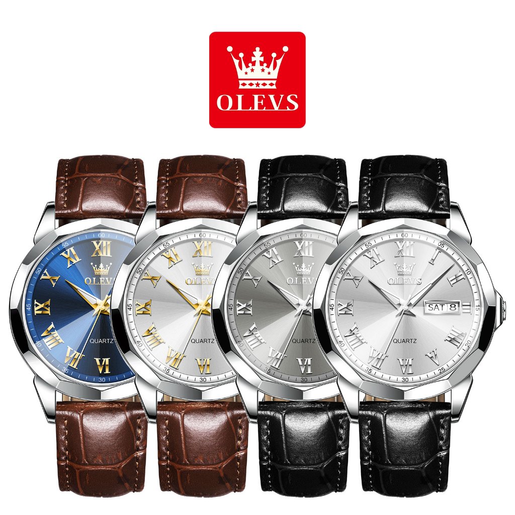 OLEVS นาฬิกาผู้ชาย กันน้ำ 100% แท้ ธุรกิจ กีฬา ปฏิทิน เรืองแสง สายหนังแท้ นาฬิกาข้อมือควอตซ์ ผู้ชาย