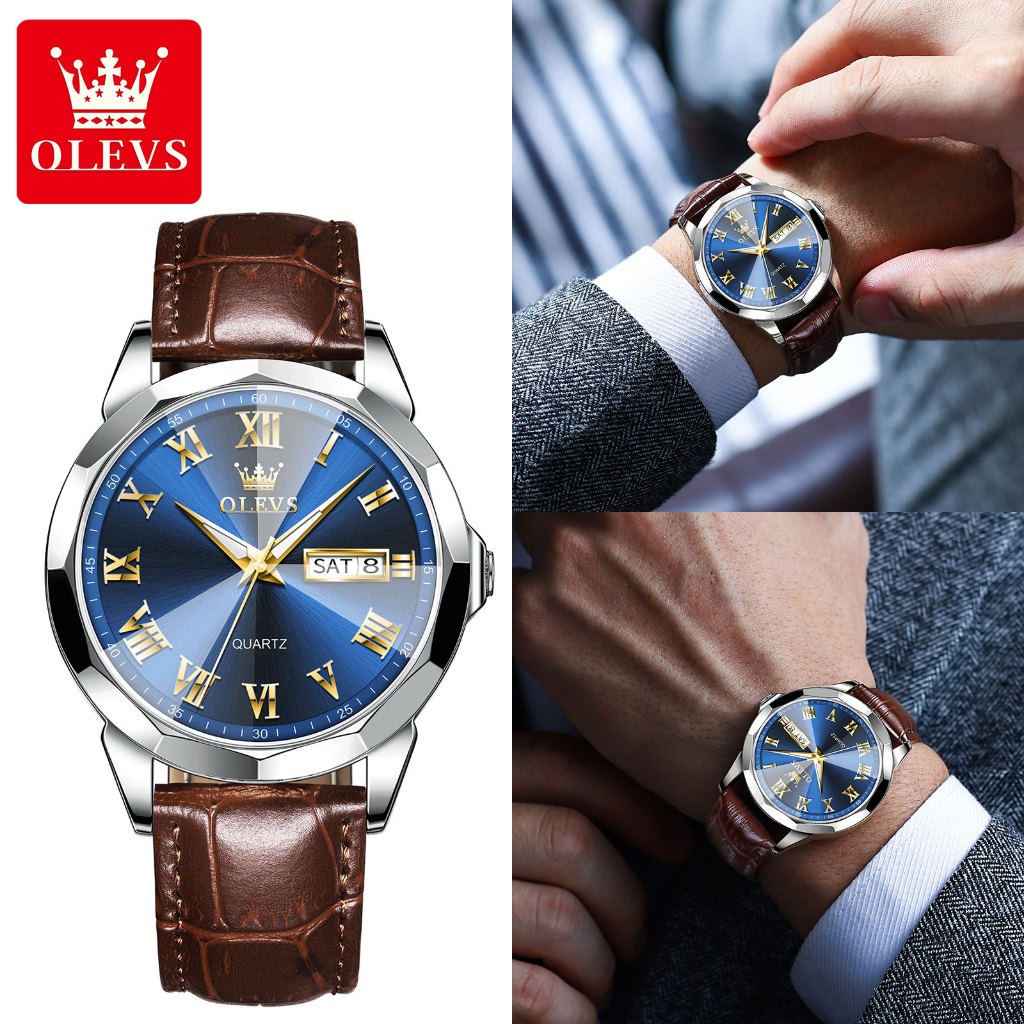 OLEVS นาฬิกาผู้ชาย กันน้ำ 100% แท้ ธุรกิจ กีฬา ปฏิทิน เรืองแสง สายหนังแท้ นาฬิกาข้อมือควอตซ์ ผู้ชาย