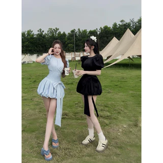 สินค้าพร้อมส่ง เดรสผ้าครัชสไตล์สาวเวียดนาม ทรงบอลลูน สม็อคเอวแต่งโบว์หน้า A5024