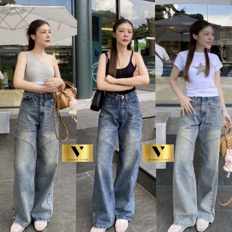 V-JEANS ขากระบอกกลางผ้าไม่ยืด ต่อชิ้นสะโพกด้านหน้าต่อหน้าขาด้านหน้า แต่งเฟด