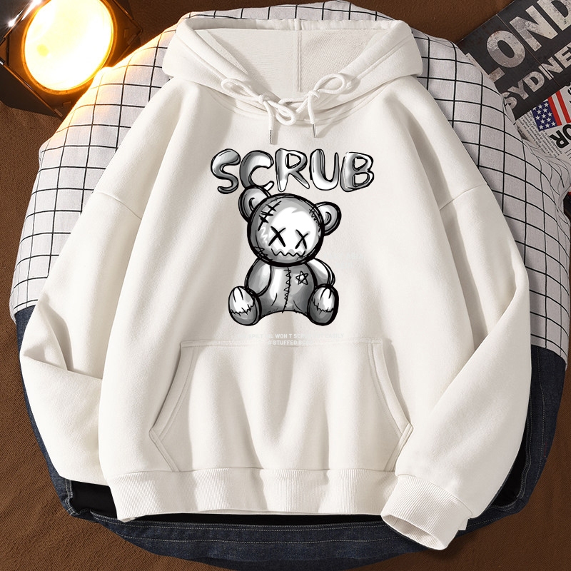 ลายหมี SCRUB แขนยาว เสื้อฮู้ด สไตล์อเมริกัน สวย น่ารัก ใส่สบาย อเนกประสงค์ สีดำ สีขาว ชุดคู่ M-3XL【VT】
