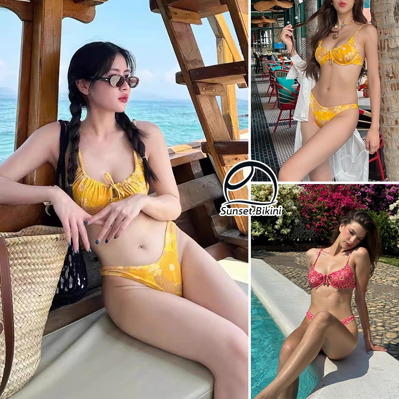 Sunset.Bikini🌊🌊swim bikini two piece ลายดอกไม้ ชุดว่ายน้ํา บิกินี่ ชุดไปทะเล ผูก รุ่นใหม่ โชว์หลัง
