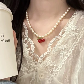 สร้อยคอเชอร์รี่จี้กระดูกไหปลาร้าโซ่หญิงซอก ออกแบบ มุกน้ําจืดเทียมระดับไฮเอนด์ขนาดเล็ก
