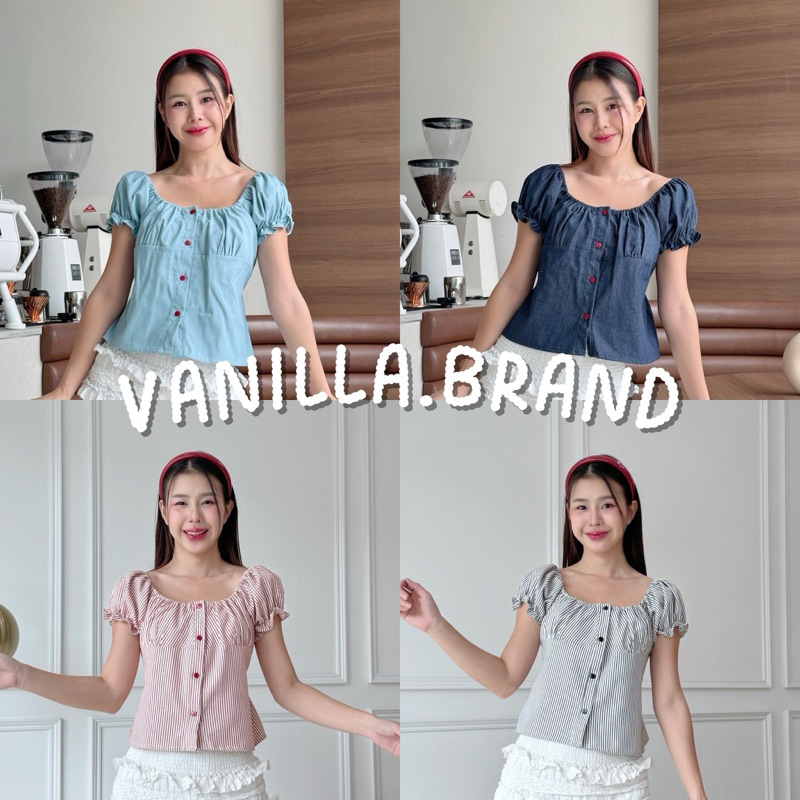 เสื้อแขนตุ๊กตาผ้ายีนส์ แต่งกระดุมหน้าสีแดง -ttm / VB0476