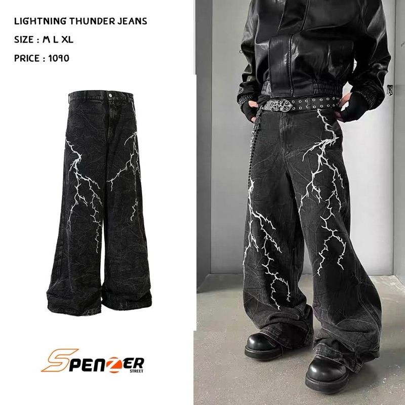 [พร้อมส่ง] Spenzer.street | Lightnin Thunder🖤กางเกงทรงกระบอก แต่งเย็บลายสายไฟฟ้า  ทันกระแส unisex 20
