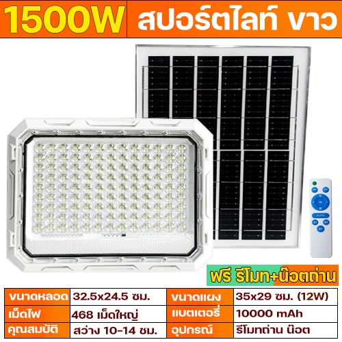 ไฟโซล่าเซลล์ สปอร์ตไลท์ 500W 1200W 1500W 2000W แสงขาว ไฟพลังงานแสงอาทิตย์ solarlight solarcell ประหยัดค่าไฟ ทนแดด ทนฝน