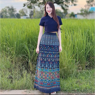 TANTANOD -รหัสTL6 ชุดเซต เสื้อไขว้ผูกข้าง กระโปรงยาวลายพญานาค(ผ้าฝ้าย) รุ่นPrakaydaw