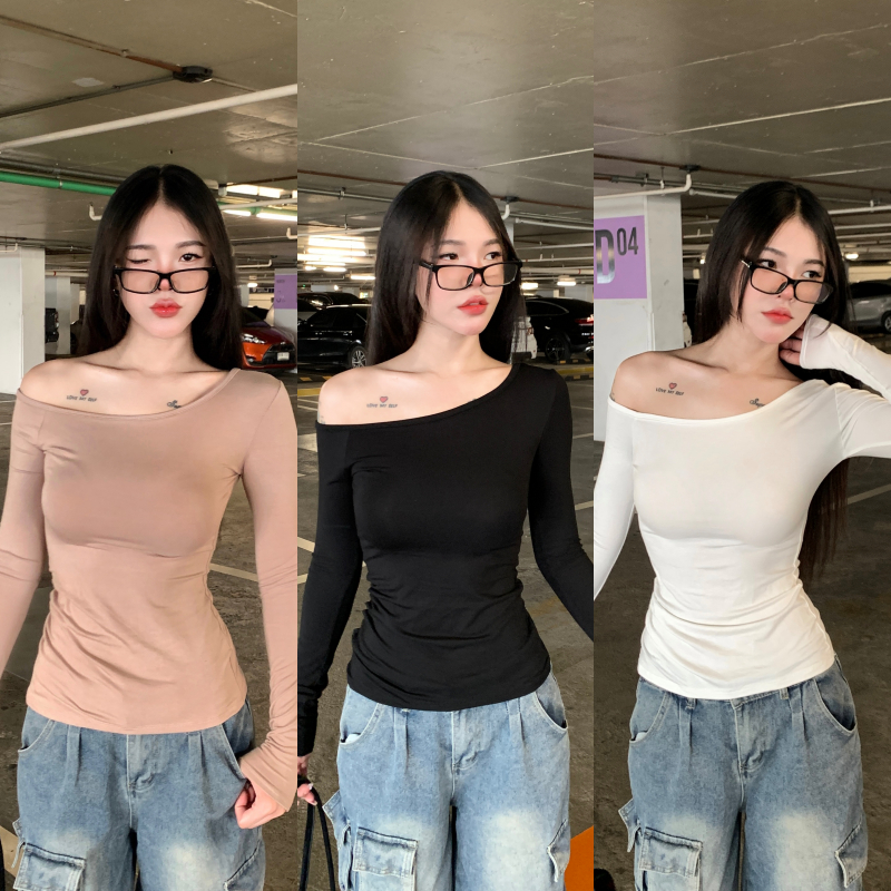 เสื้อแขนยาว ปาดไหล่ข้างเดียว ผ้าเรย่อน แต่งจับจีบย่นข้างเพิ่มความเพรียว ผ้าบาง รุ่น แขนยาวปาดเฉียง