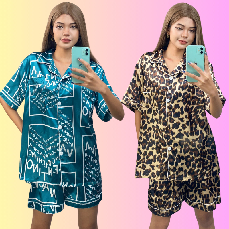 COD ชุดนอนผู้หญิง ใหญ่ 3XL-5XL เสื้อเชิ้ตแขนสั้น + กางเกงขาสั้น ชุดนอนผ้าน้ำแข็ง สองชิ้น ใส่ได้ทั้งคนอ้วนและคนผอม