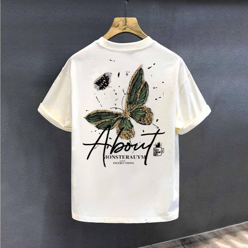 Basi เสื้อยืด oversize unisex สกรีนหน้าหลัง ลาย "ABOUT" ผีเสื้อ ผ้าคอตตอน100% ใส่สบาย แนวสตรีท ฮิปฮอป
