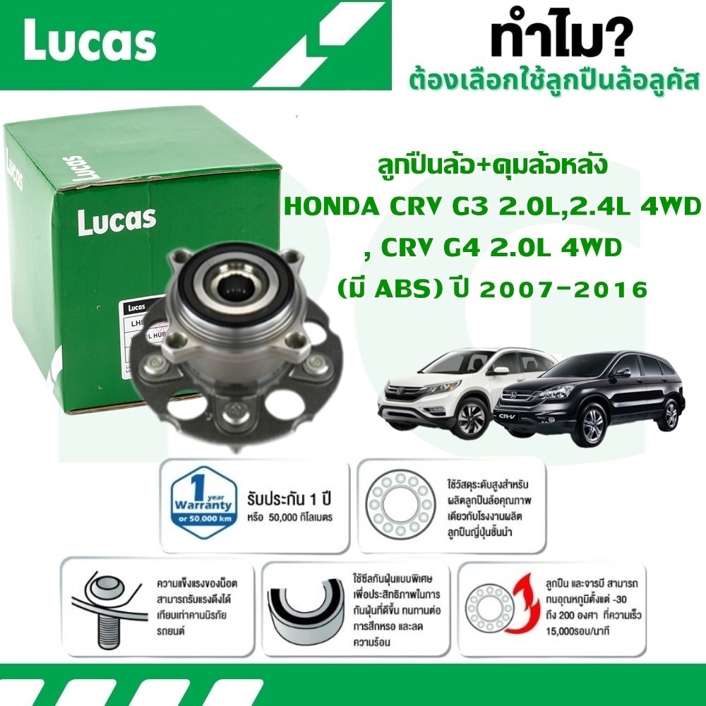 LUCAS ลูกปืนล้อ+ดุมล้อหลัง HONDA CRV G3 4WD 2.0L,2.4L (มี ABS),G4 4WD 2.0L ปี 2007-2016 (1 ลูก)