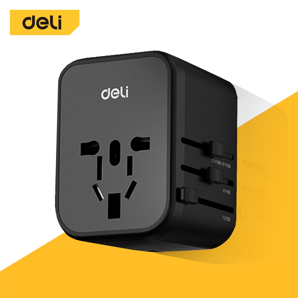 Deli ปลั๊กแปลง หัวแปลงปลั๊ก หัวชาร์จต่างประเทศ USB TypeC ใช้ได้หลายประเทศ Travel Adapter