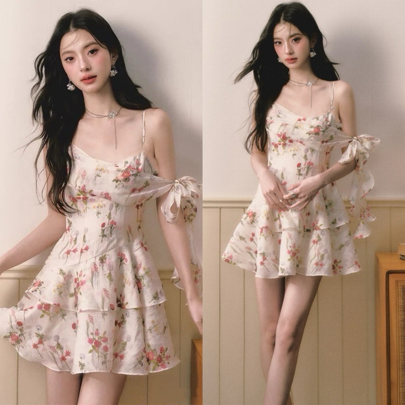 พร้อมส่ง งานสวยมาก เดรสสั้นชีฟองลายดอกไม้หวาน สายพาดไหล่ ผูกโบว์ข้างแขนสายเดี่ยว ซิปหลัง+ยางยืด ซับในทั้งตัว
