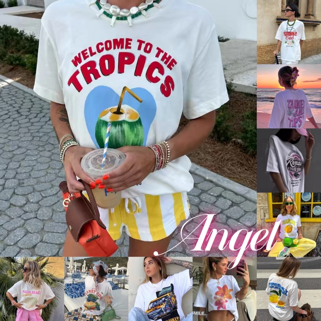 (จัดส่งตลอด 24 ชั่วโมง）Angle Official เสื้อแขนสั้นผู้หญิง เสื้อยืดสไตล์เกาหลีแบบใหม่ ลายสวย ผ้านุ่ม เสื้อยืด T89