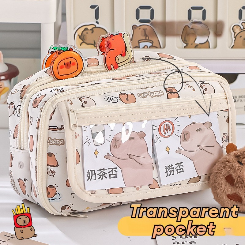 Kawaii Multi Layer Capybara Bag Transparent Pencil Case Canvas Pen Bag Large Capacity Cartoon Pen Pouch Student Statione