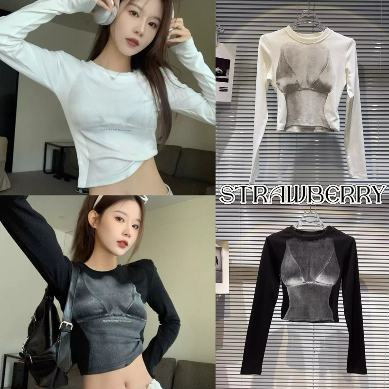 STR พร้อมส่ง👙เสื้อยืดทรงครอป เสื้อรัดรูปคอกลมแขนยาว ผ้ายืดพิมพ์ลายบรา ทั้งด้านหน้า-หลังเซ็กซี่เบาๆ ไฮโซY2K ทรงเข้ารูป
