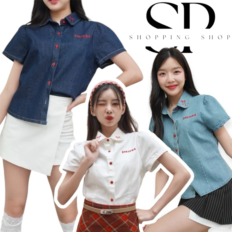 เสื้อยีนส์แขนสั้น jarinya ปักโบว์ตรงคอปก แต่งกระดุมแดง