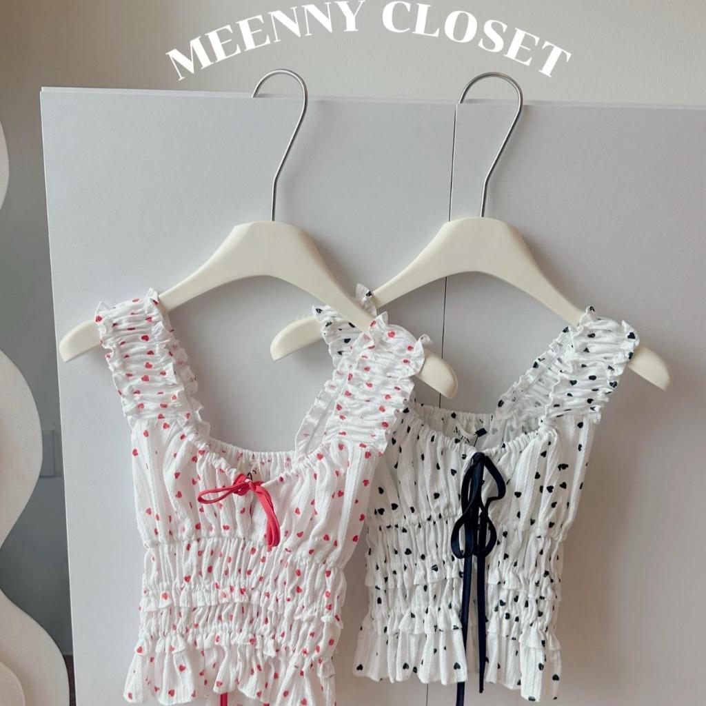 Meenny Closet | มินิ เสื้อสม็อกระบายลูกไม้ลายหัวใจ ผูกโบว์