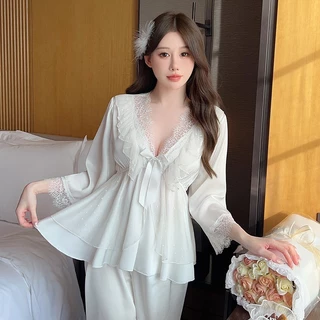 Sexy Charm💐💐เสื้อผ้าที่บ้าน ชุดนอนผ้าซาตินสีพื้น กางเกงยาว ชุดสองชิ้น คอวีลึก ลูกไม้เซ็กซี่