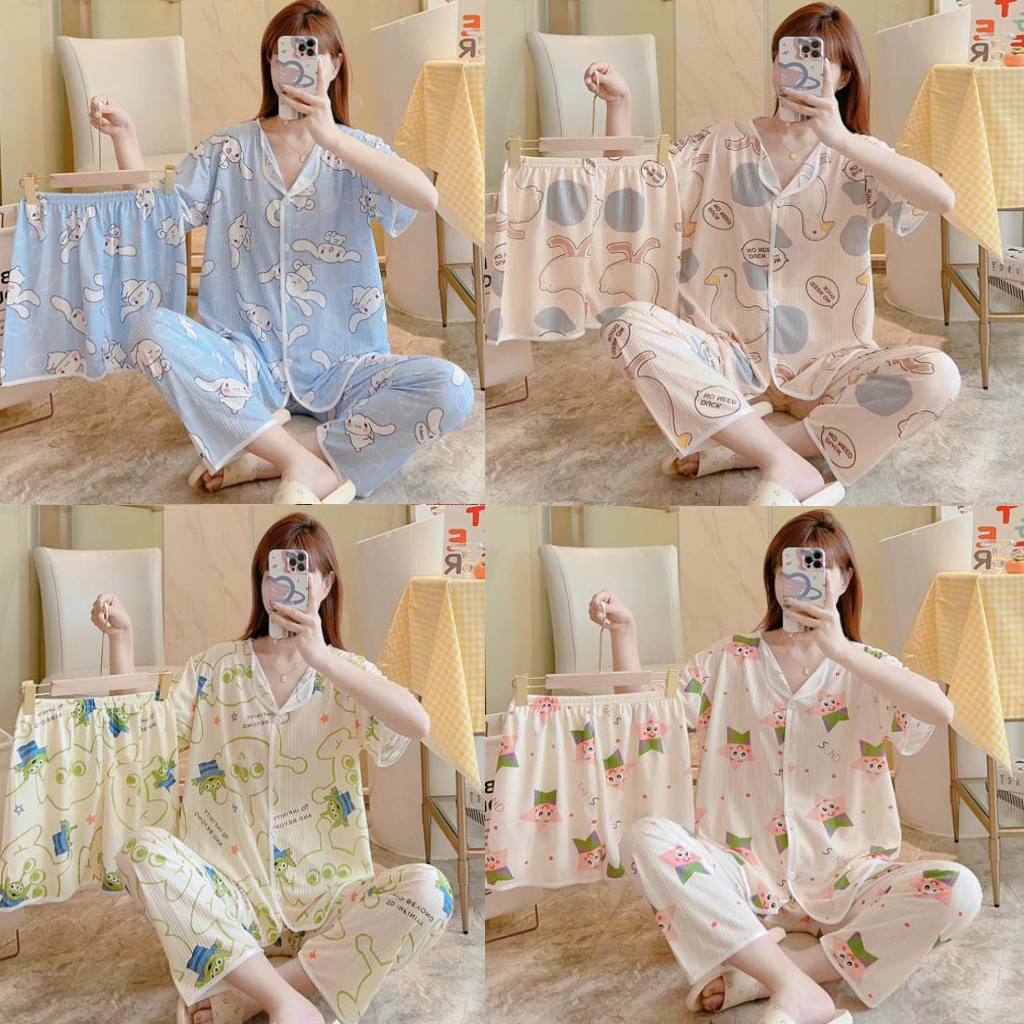 Molly เกาหลี 3 In 1 แขนสั้น ผ้าฝ้ายบริสุทธิ์ ชุดนอน ชุดเลานจ์ ชุดนอนผู้หญิง ชุดนอนมีสไตล์ -2