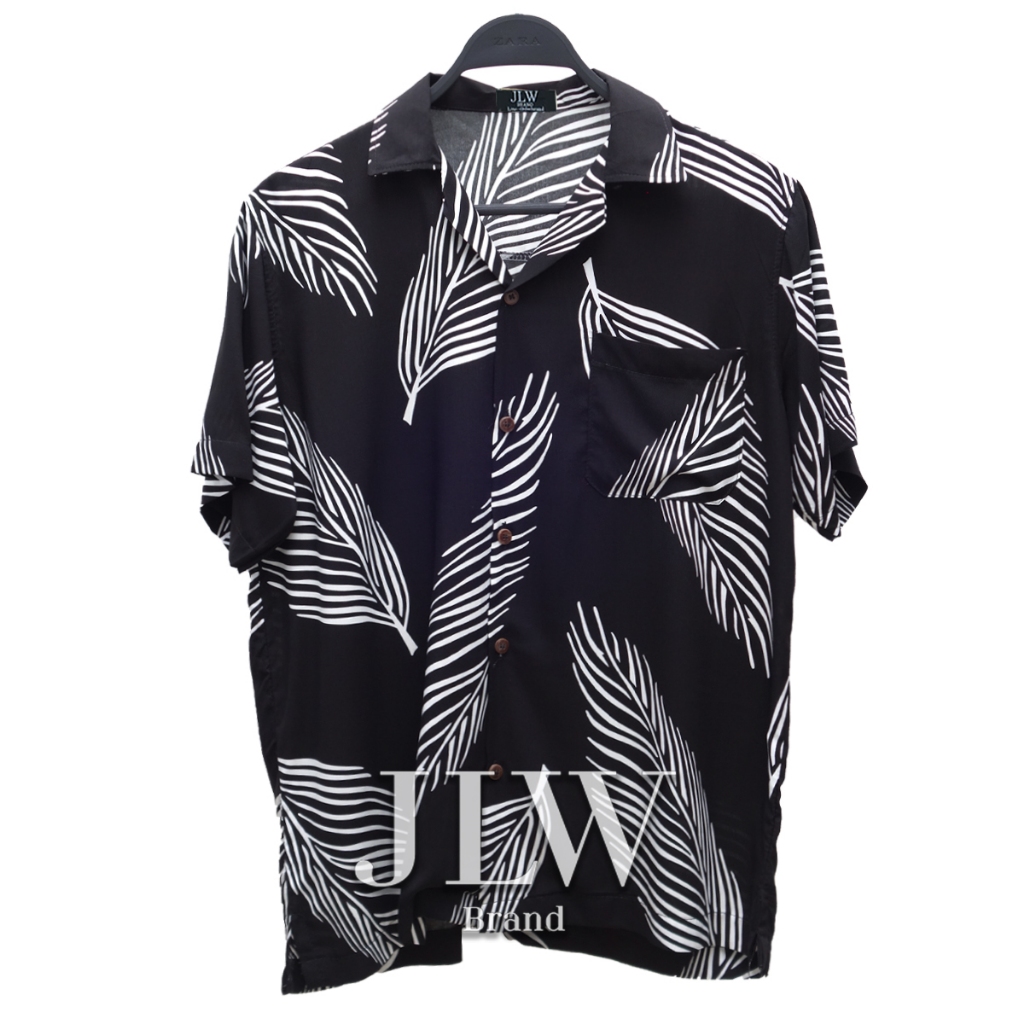 เสื้อฮาวาย ลายใบปาล์มทูโทน ดำ ผ้านิ่ม M L XL Oversize คอฮาวาย JLW BRAND