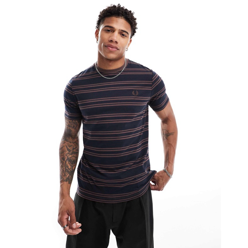 Fred Perry Sport Fine Stripe T-Shirt in Navy/Brown