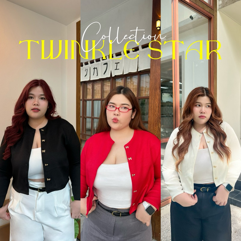 ForeverGlam (พร้อมส่ง) เสื้อคาร์ดิแกนแขนยาว ผ้าทวิต กระดุมโบว์ Free size อกใส่ได้ถึง 42" สำหรับสาว Middle-Plus size