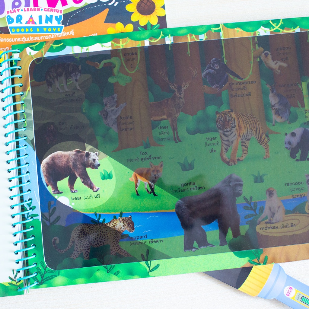 BrainyToys หนังสือส่องไฟฉายท่องโลกกว้าง 100 First Animals หาเพื่อนของฉันเจอไหม? - รูปที่ 4